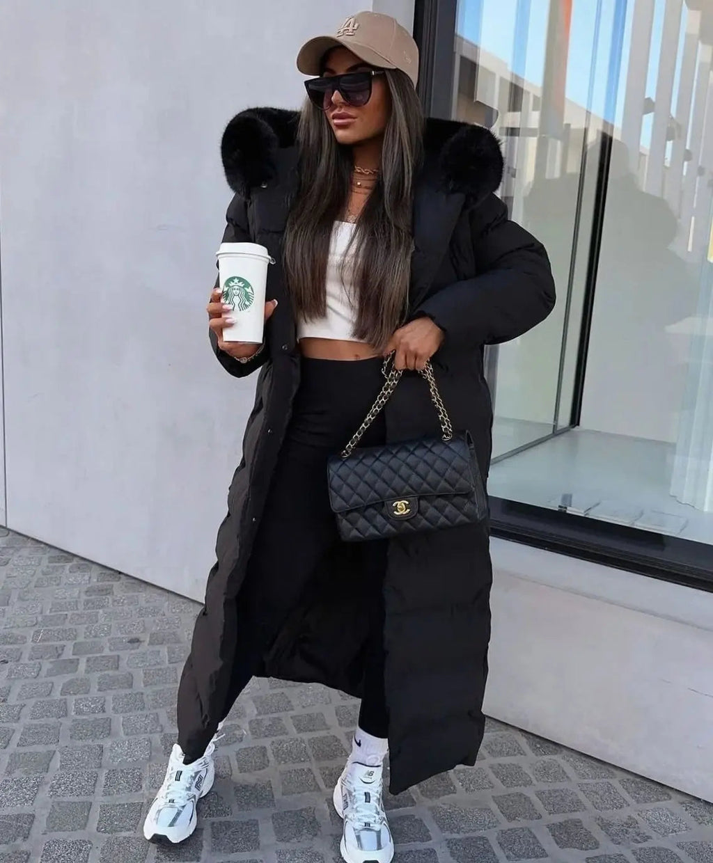 Women's Long Puffer Coat with Faux Fur Hood, Belted Quilted Maxi Winter Coat