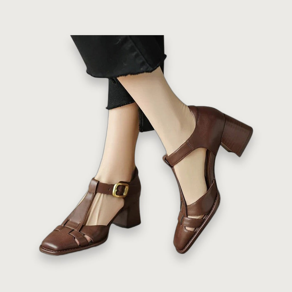 Women's Orthopedic T-Strap Shoes - Vintage Leather Square Head Block Heels