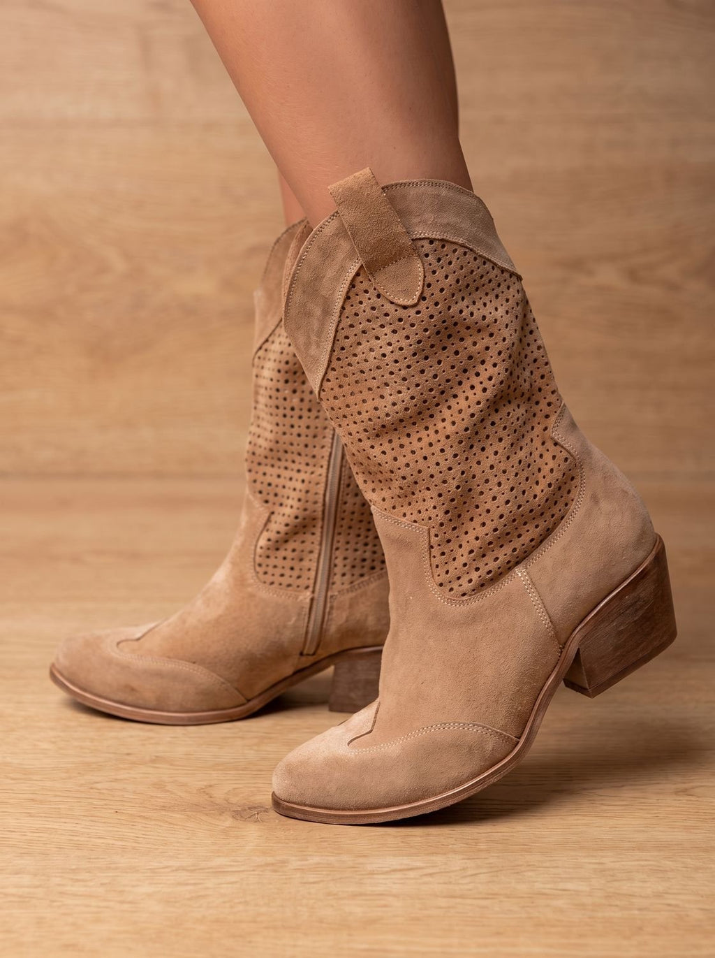 Women's Orthopedic Western Ankle Boots, Perforated Suede Mid-Calf Block Heel Cowboy Boots