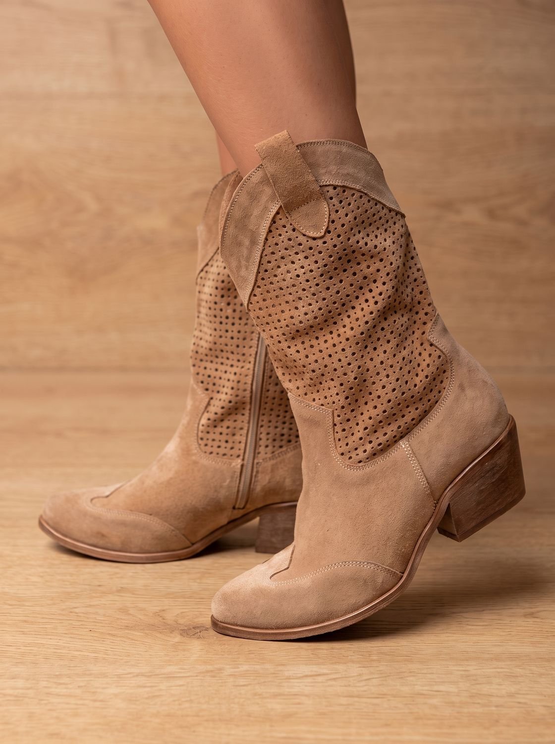 Women's Orthopedic Western Ankle Boots, Perforated Suede Mid-Calf Block Heel Cowboy Boots