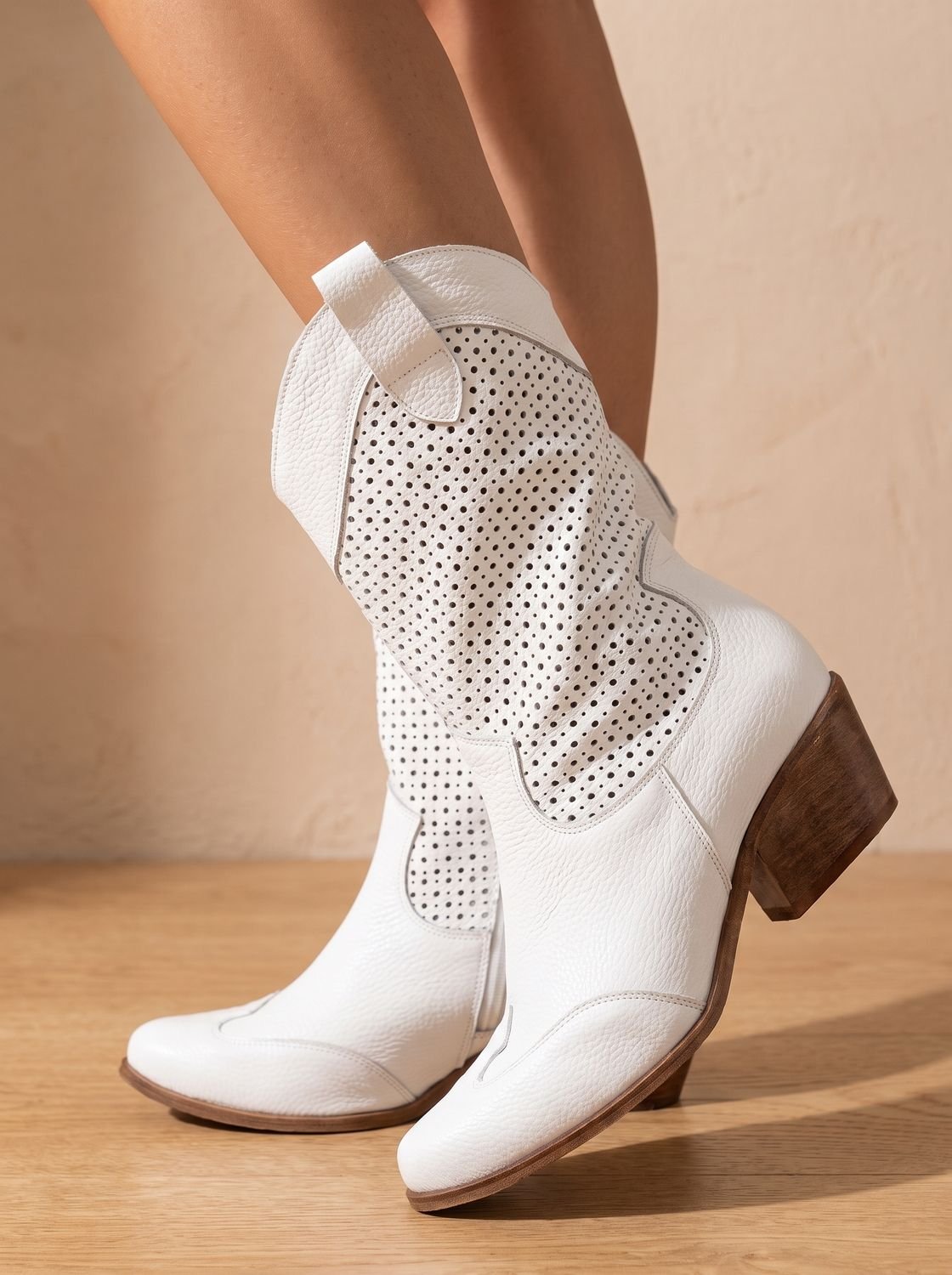Women's Orthopedic Western Ankle Boots, Perforated Suede Mid-Calf Block Heel Cowboy Boots