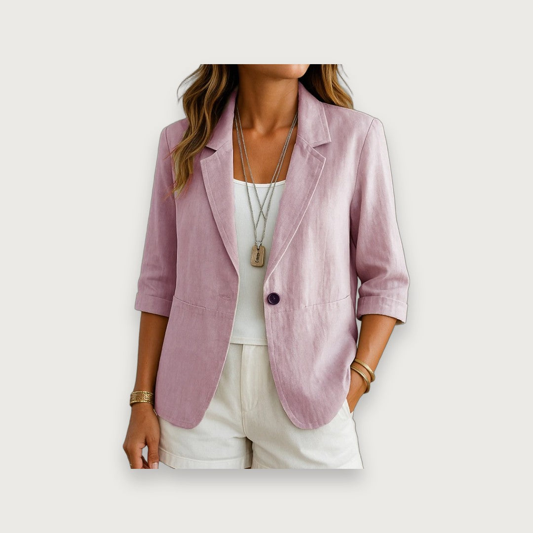 Women's Pink Blazer - Linen Blend Half Sleeve Tailored Jacket