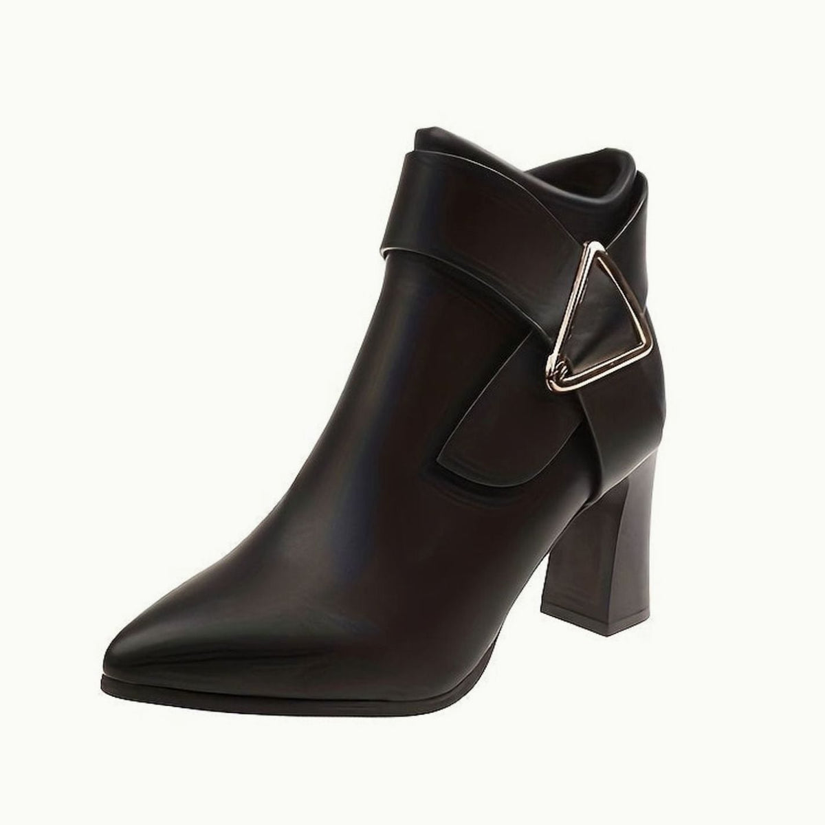 Women's Pointed-Toe Block Heel Ankle Boots with Gold-Tone Triangle Buckle