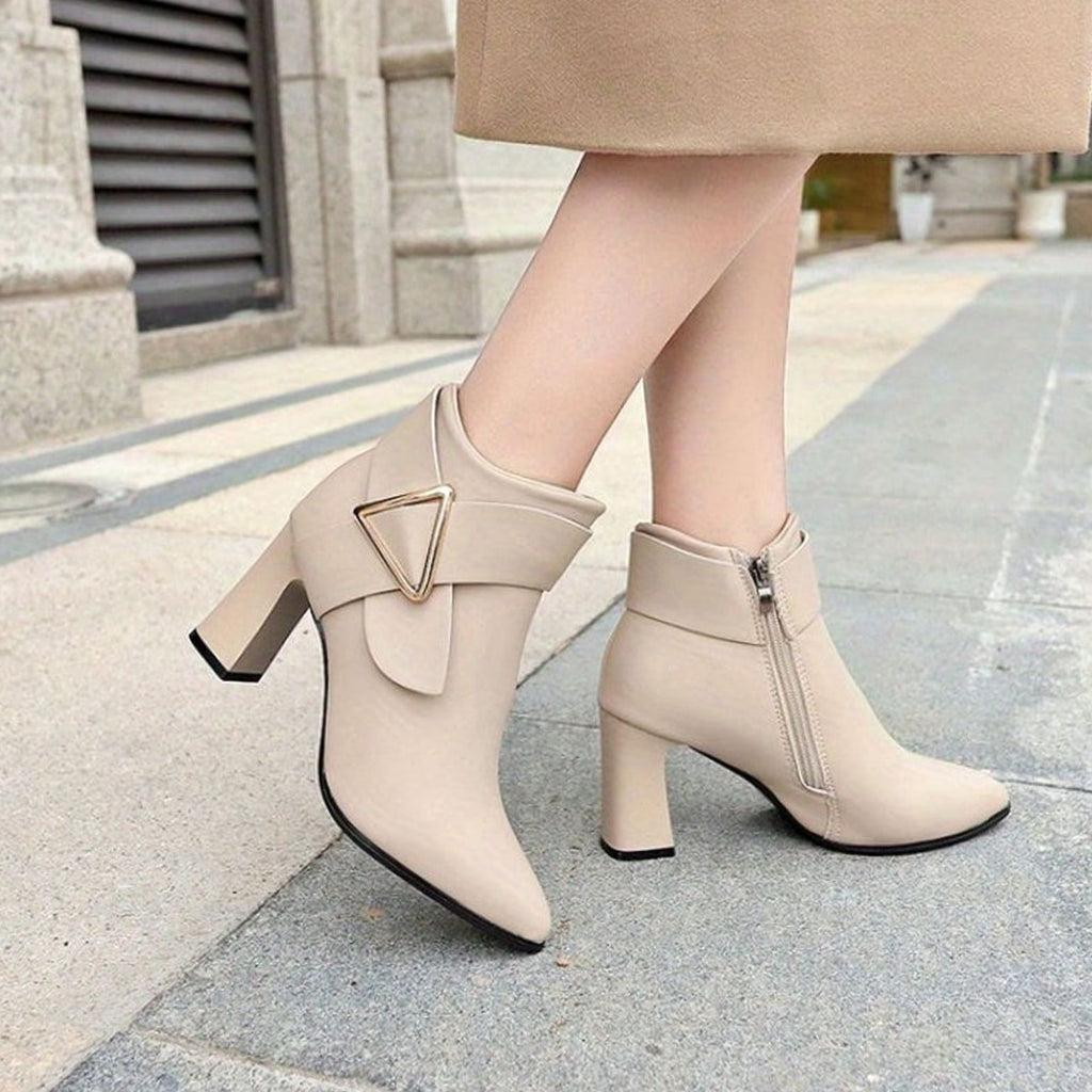 Women's Pointed-Toe Block Heel Ankle Boots with Gold-Tone Triangle Buckle