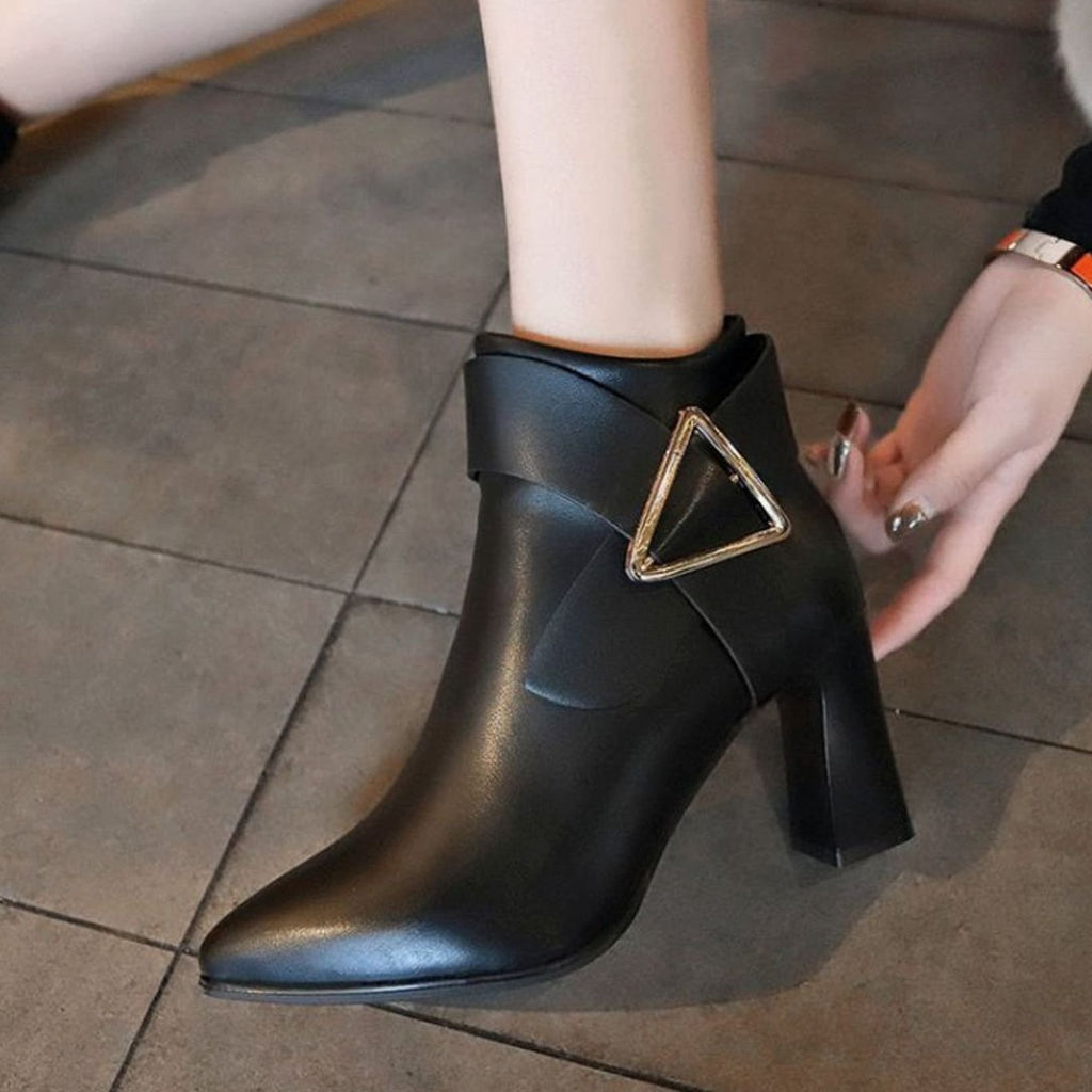 Women's Pointed-Toe Block Heel Ankle Boots with Gold-Tone Triangle Buckle