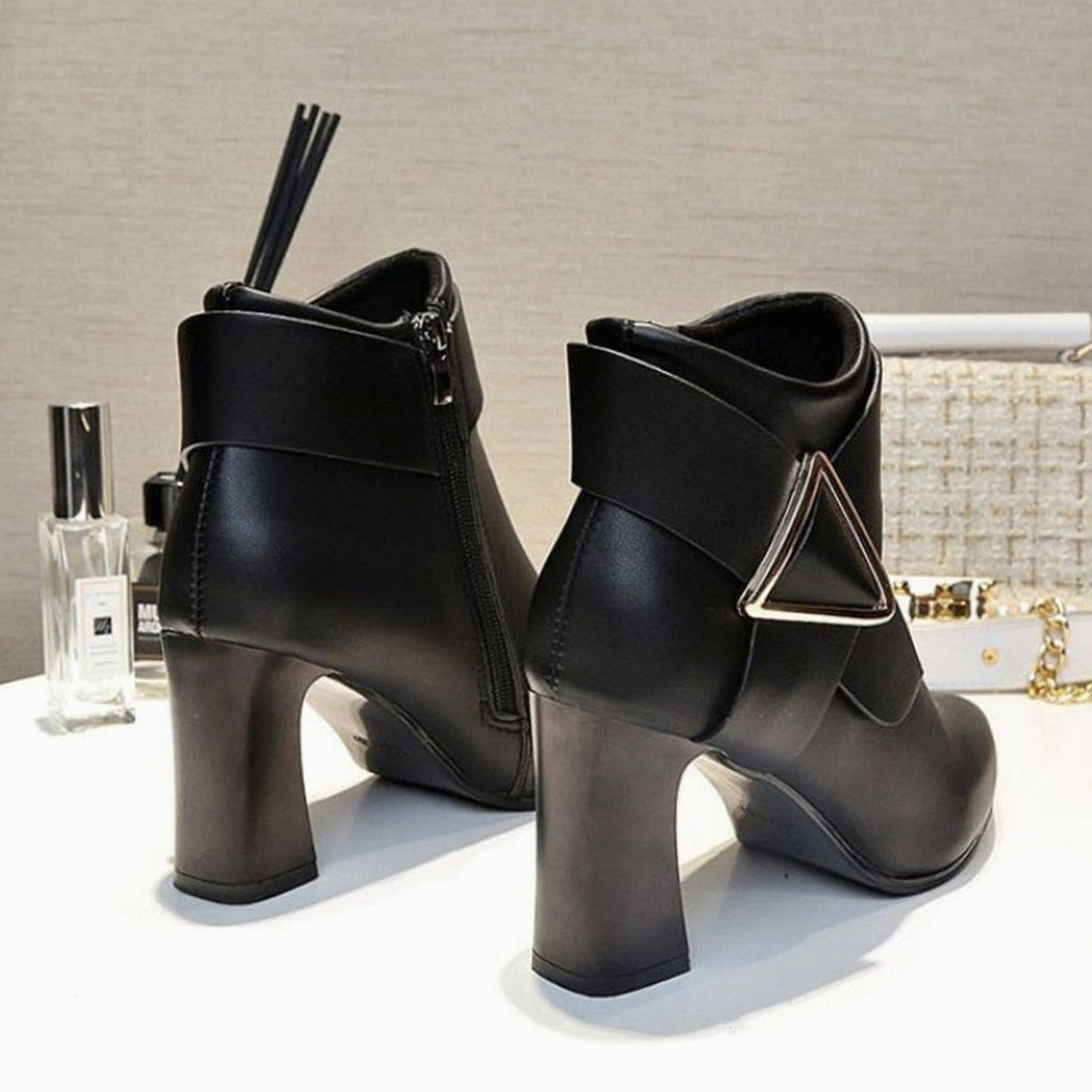Women's Pointed-Toe Block Heel Ankle Boots with Gold-Tone Triangle Buckle