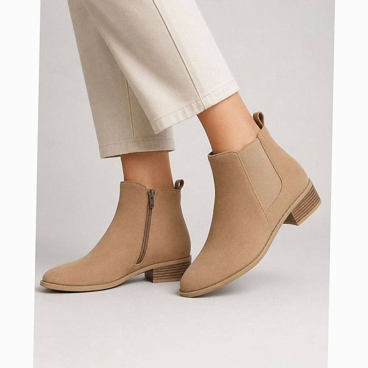 Women's Suede Ankle Boots, Pointed Toe Low Block Heel Side Zip Booties