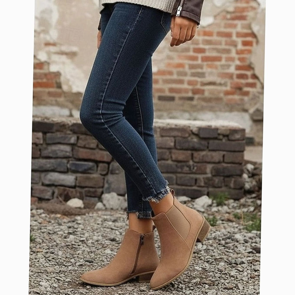 Women's Suede Ankle Boots, Pointed Toe Low Block Heel Side Zip Booties