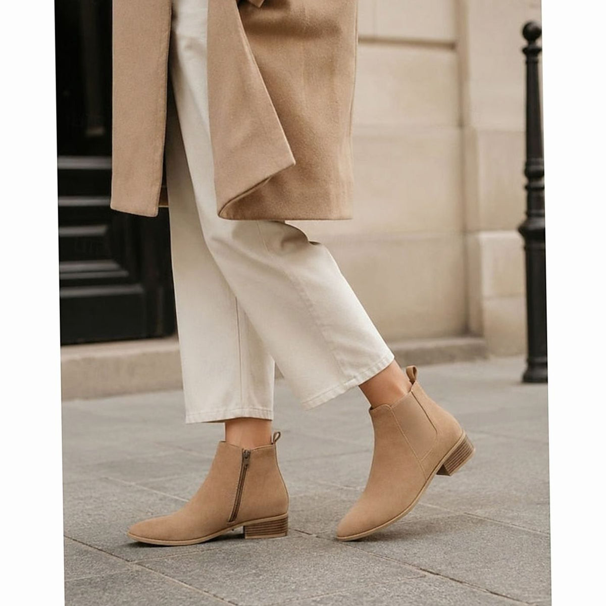Women's Suede Ankle Boots, Pointed Toe Low Block Heel Side Zip Booties