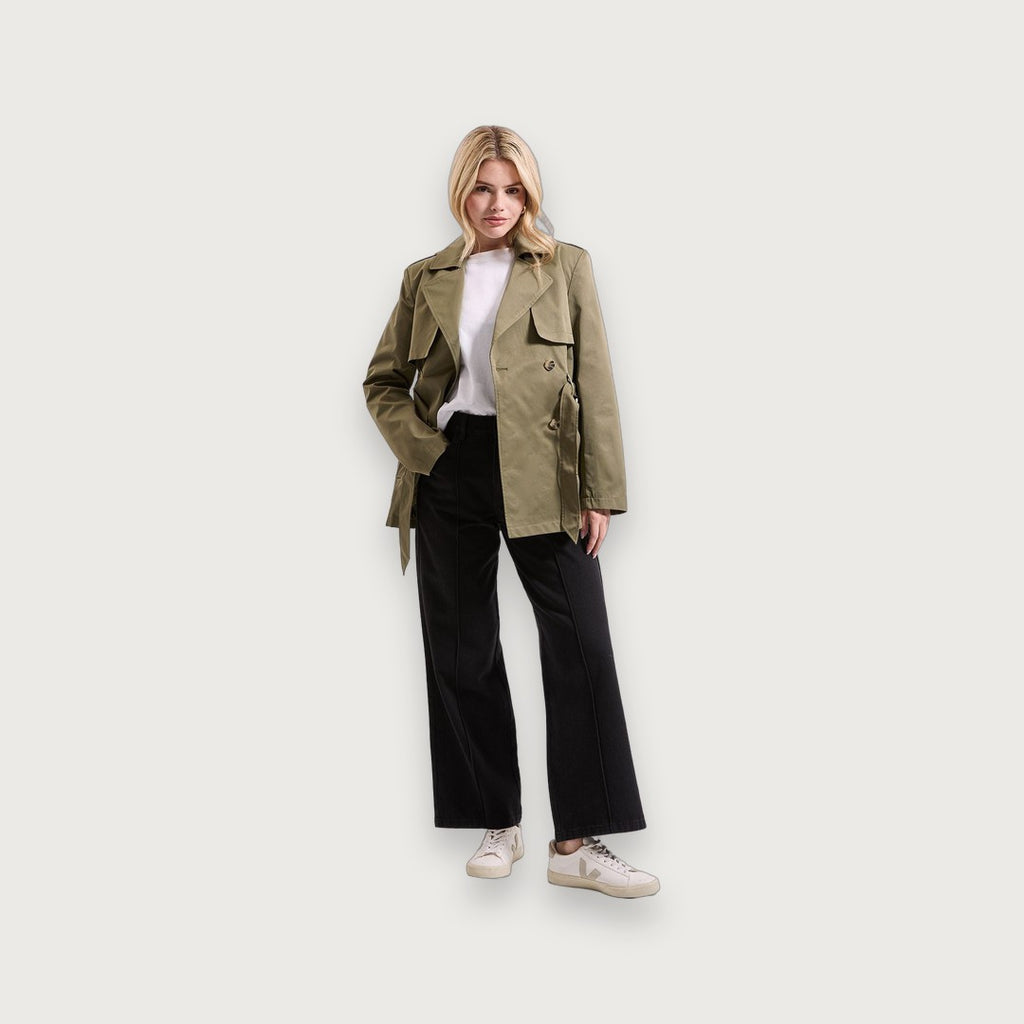 Women's Short Trench Coat, Double Breasted Belted Cropped Trench Coat – Khaki