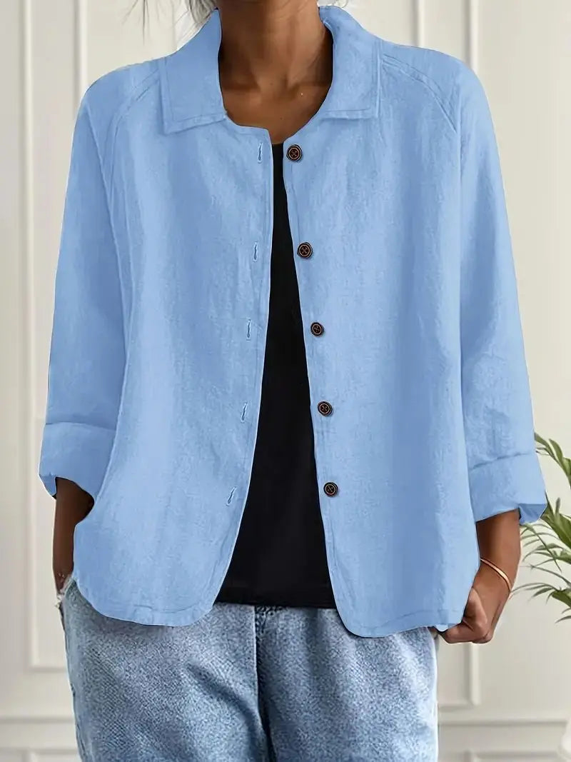 Women's Shirt Jacket Linen Blend Overshirt Button-Front Lightweight in Light Blue