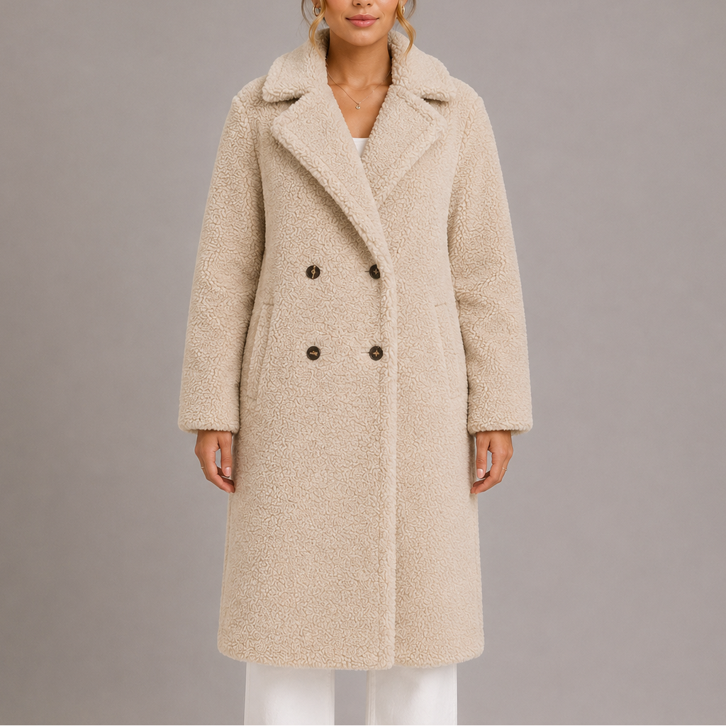 Women's Longline Borg Teddy Fleece Coat, Lapel Collar Double-Breasted Coat