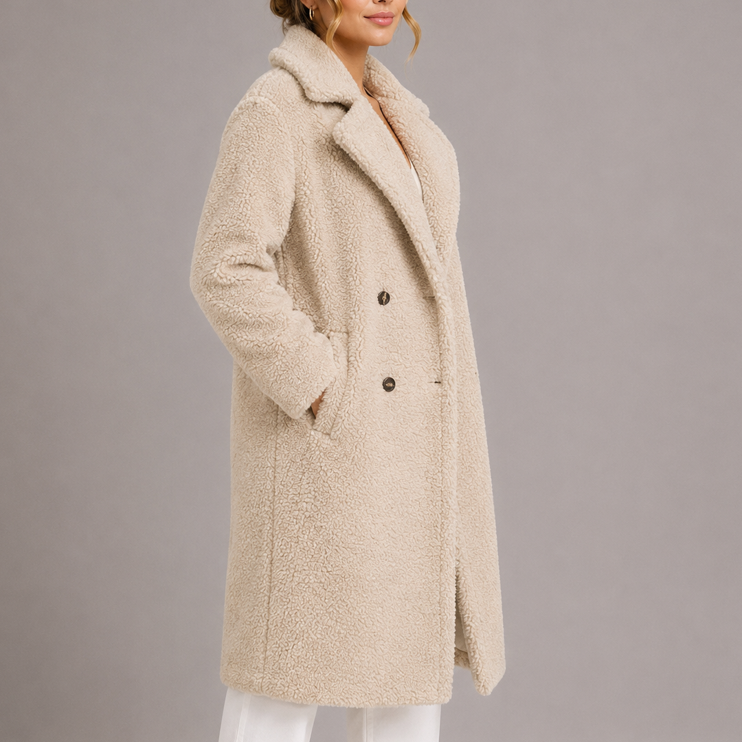 Women's Longline Borg Teddy Fleece Coat, Lapel Collar Double-Breasted Coat