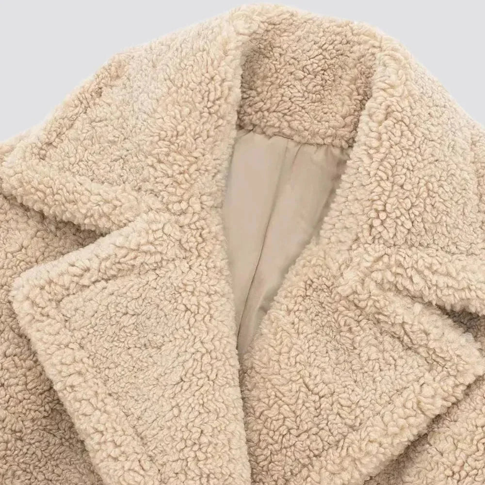 Women's Longline Borg Teddy Fleece Coat, Lapel Collar Double-Breasted Coat