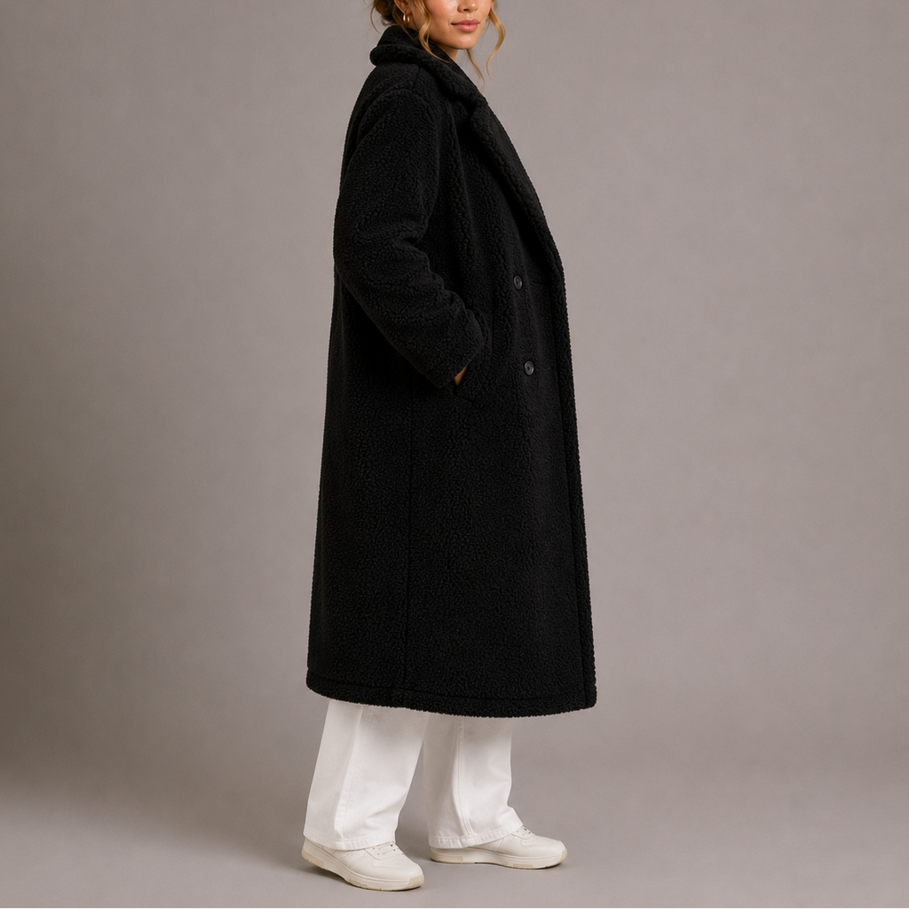 Women's Longline Borg Teddy Fleece Coat, Lapel Collar Double-Breasted Coat
