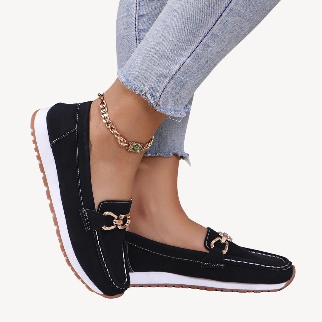 Women’s Orthopedic Suede Loafers – Elegant Chain Detail Comfort Slip-On Shoes
