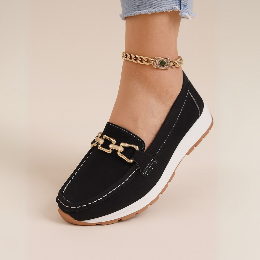 Women’s Orthopedic Suede Loafers – Elegant Chain Detail Comfort Slip-On Shoes