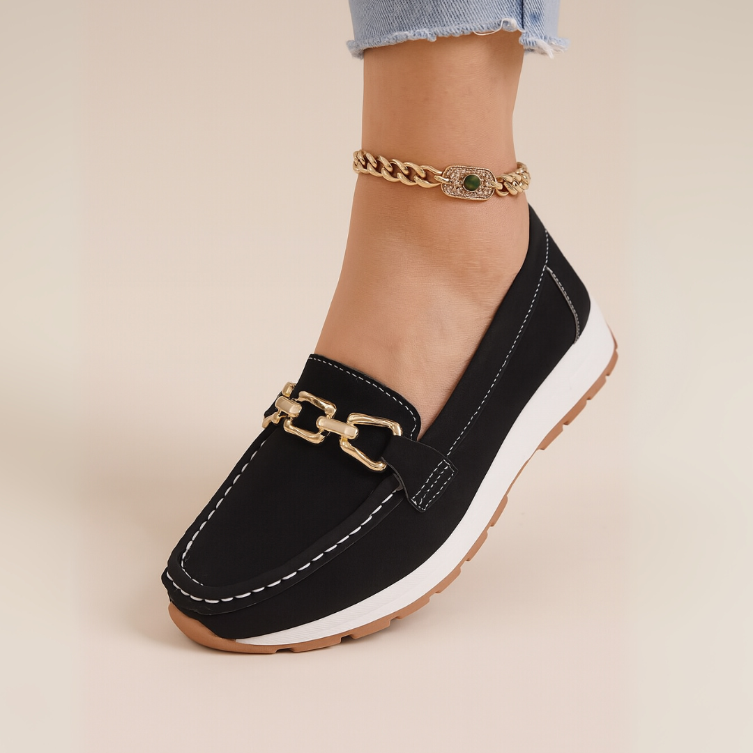 Women’s Orthopedic Suede Loafers – Elegant Chain Detail Comfort Slip-On Shoes
