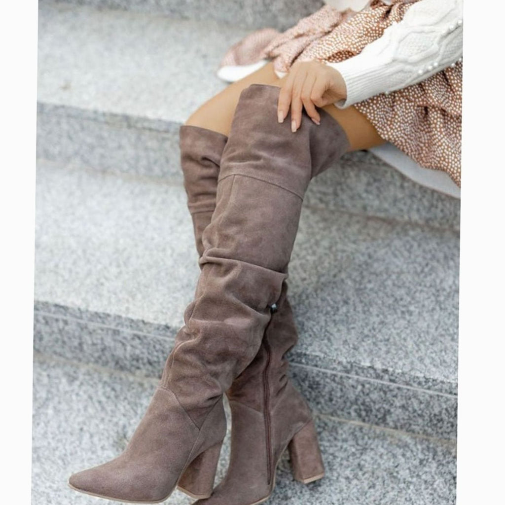 Women's Over-the-Knee Boots, Slouchy Ruched Shaft Pointed Toe Chunky Block Heel