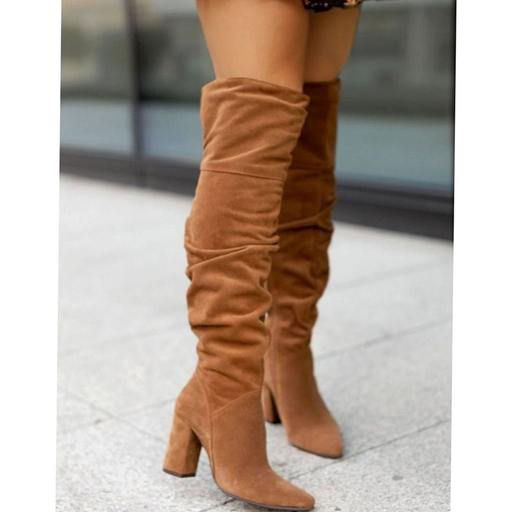 Women's Over-the-Knee Boots, Slouchy Ruched Shaft Pointed Toe Chunky Block Heel