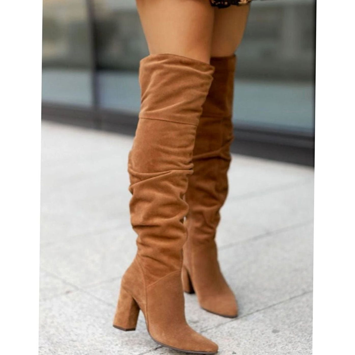 Women's Over-the-Knee Boots, Slouchy Ruched Shaft Pointed Toe Chunky Block Heel