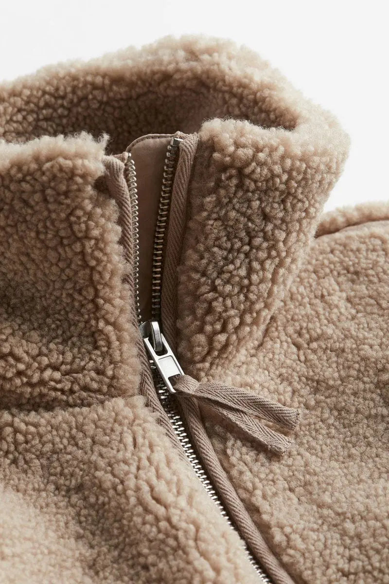 Women's Fleece Zip Up Jacket, Relaxed Teddy Fleece Coat with High Neck and Pockets